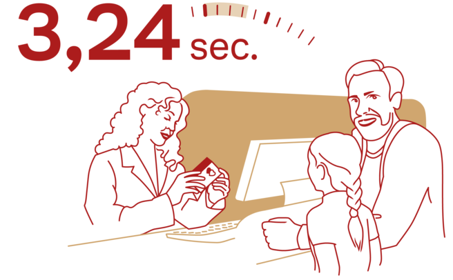 A stylized illustration shows a counter with a woman in a blazer handing something to a man and a child. Above them, the text "3,24 sec." is prominently displayed, indicating a quick interaction. The overall tone is friendly and approachable.