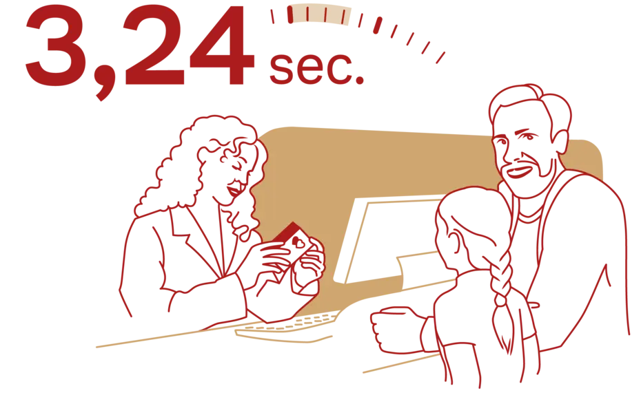 A stylized illustration shows a counter with a woman in a blazer handing something to a man and a child. Above them, the text "3,24 sec." is prominently displayed, indicating a quick interaction. The overall tone is friendly and approachable.