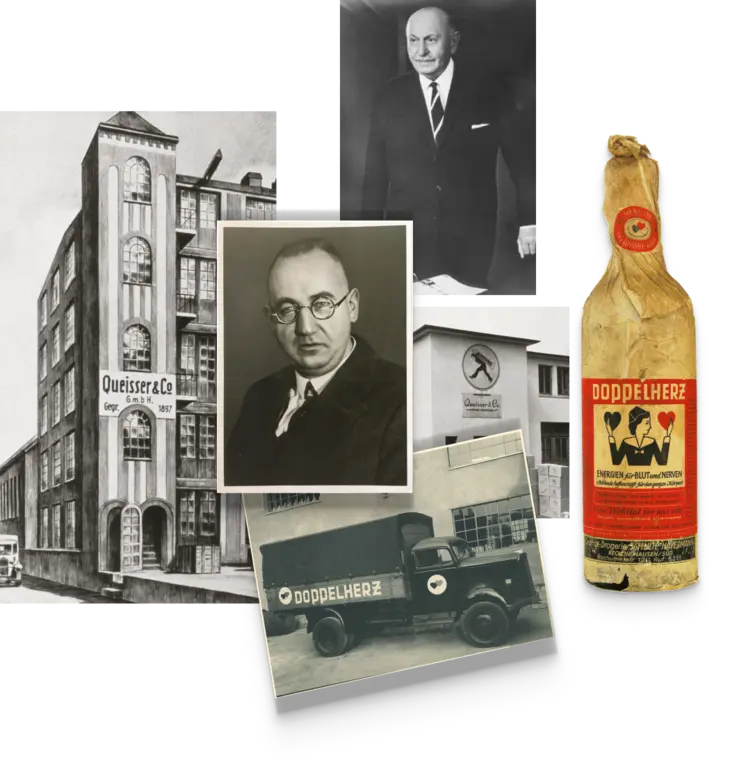 A collage featuring an early 20th-century factory building with the name "Queisser & Co," two black-and-white photographs of men, a vintage delivery truck with a logo, and a bottle labeled "Doppelherz." The images reflect historical elements related to the company and its products.