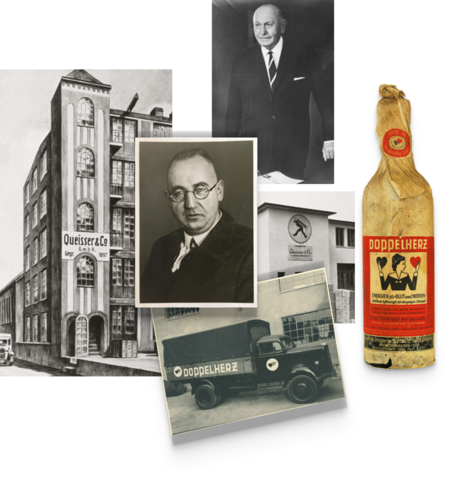 A collage featuring an early 20th-century factory building with the name "Queisser & Co," two black-and-white photographs of men, a vintage delivery truck with a logo, and a bottle labeled "Doppelherz." The images reflect historical elements related to the company and its products.
